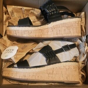 Frye And Co. Black Leather Wedge Sandals Womens 6M NIB